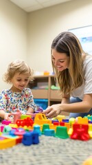 Fototapeta premium A joyful moment between a mother and her child as they play with colorful toys in a cheerful indoor space.