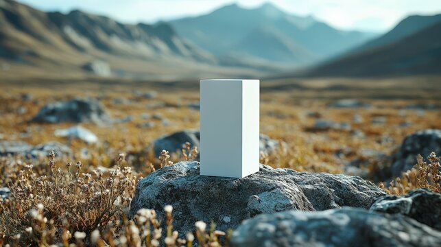 Minimalist monolith in remote mountain landscape