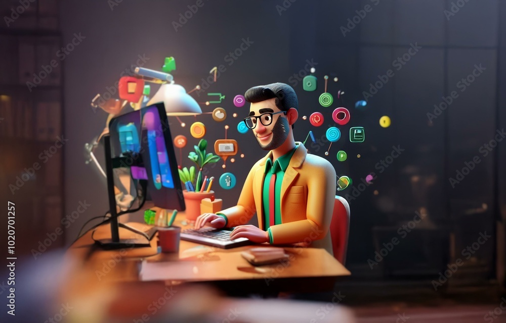 Poster a 3d cartoon character sits at a desk in front of a computer, typing with a smile.