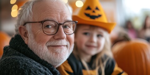 A cheerful elderly man smiles at the camera wearing glasses, alongside a joyful girl in a pumpkin hat, capturing Halloween spirit.