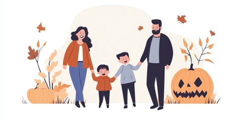 Fototapeta premium A cheerful family celebrating Halloween with pumpkins and autumn leaves, enjoying a festive moment together.