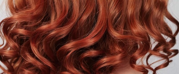 Naklejka premium Close-up showcases radiant bright red hair with defined curls, capturing glossy texture and natural shine under soft lighting. Intricate details of each curl enhance the overall beauty. Generative AI