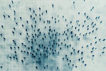 Abstract aerial view of people scattered across a tiled grid, casting dark shadows in a minimalist urban environment
