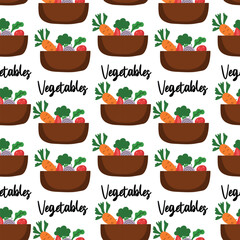 Seamless doodle pattern with colorful vegetables in bowl.