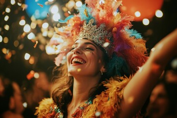 Joyful woman celebrating at a vibrant carnival with colorful feathered costume