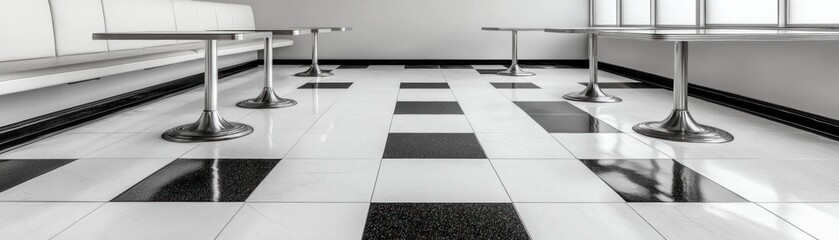 Fototapeta premium Retro Diner Checkerboard Floor, Black and White Tile Flooring with Worn Finish, Vintage Restaurant Interior Design Inspiration