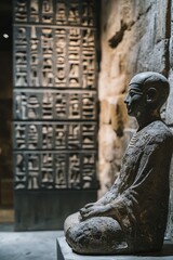 ancient stone statue in front of hieroglyphic wall