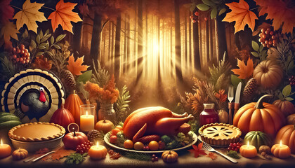 Thanksgiving banner with a fall forest background, cozy lighting, and food imagery