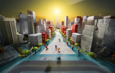 A miniature city with a central road and buildings made from paper.