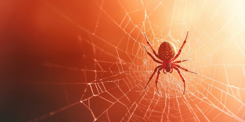 A close-up of a spider on its intricate web, set against a warm, glowing background, showcasing nature's beauty and elegance.