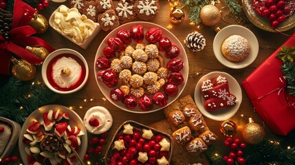 Christmas sweets and cookies with festive decorations