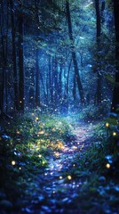 Fototapeta premium A mystical forest path illuminated by glowing fireflies, surrounded by tall trees and enchanting blue light, creating a serene atmosphere.