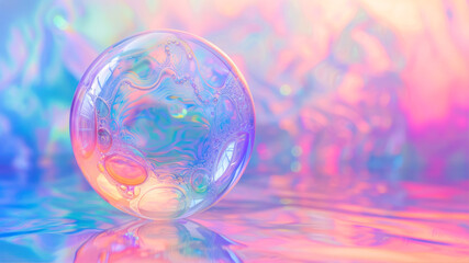 A Mesmerizing Iridescent Soap Bubble Floats Gracefully on a Colorful Surface, Reflecting Vibrant Hues in a Dreamy Atmosphere