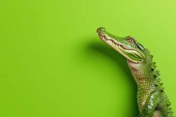 Fototapeta premium Crocodile figure against vibrant green background, playful and whimsical design.