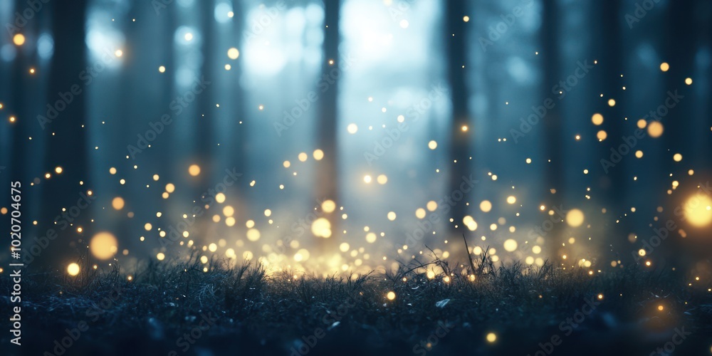 Poster a dreamy forest scene illuminated by glowing particles, creating a magical and enchanting atmosphere