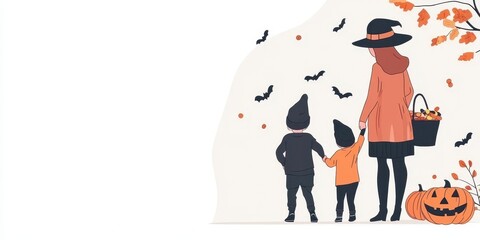 Obraz premium A family enjoys a festive Halloween evening with costumes, pumpkins, bats, and autumn scenery, creating joyful memories together.