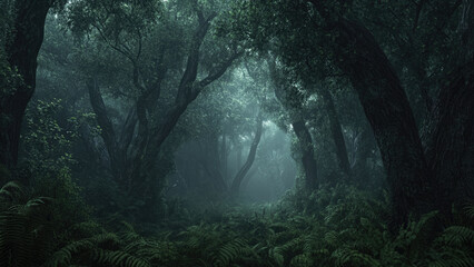 Mystical Foggy Forest with Tall Trees