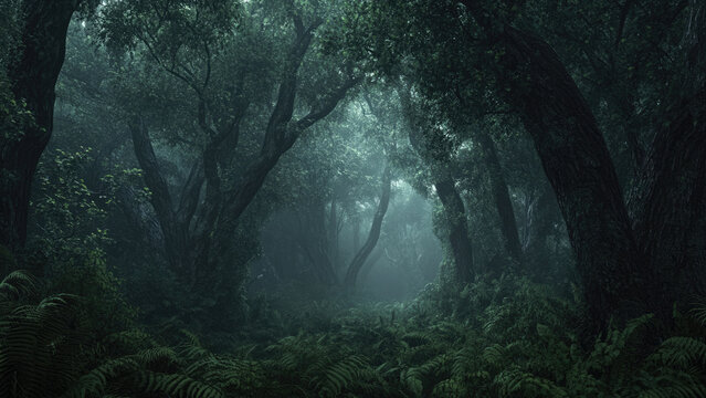 Fototapeta Mystical Foggy Forest with Tall Trees