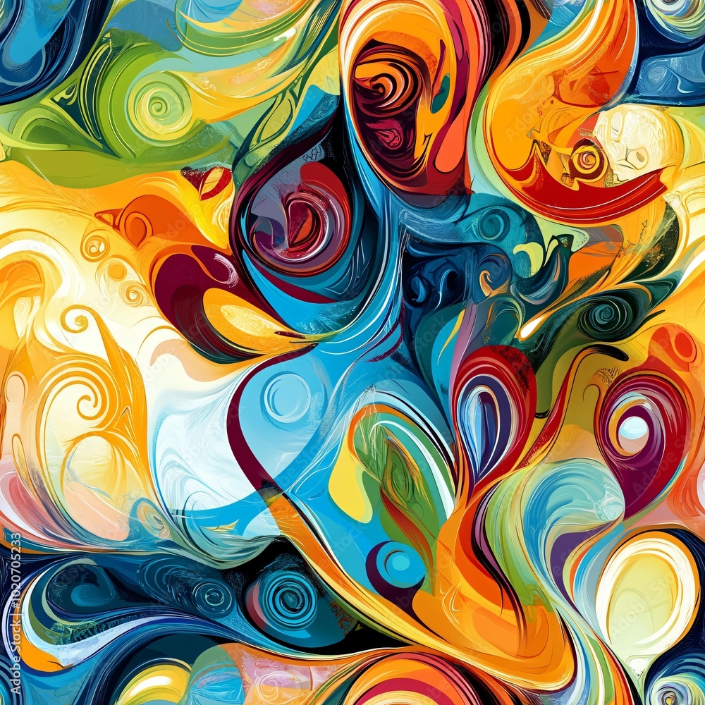 Poster tile image, a colorful abstract background with a mix of swirling patterns and shapes
