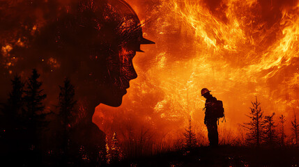 Fototapeta premium A silhouette of a firefighter amidst a dramatic, fiery backdrop, symbolizing the struggle against wildfires and environmental challenges.
