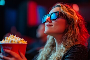 Obraz premium Woman enjoying 3d movie in theater with popcorn under dramatic lighting