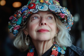 Elderly woman in a hat covered with colorful pins and patches