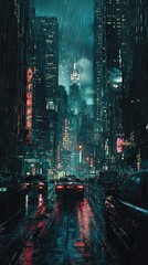 Obraz premium A rainy night in a vibrant city, illuminated by neon lights and towering skyscrapers, evoking a sense of urban mystique.