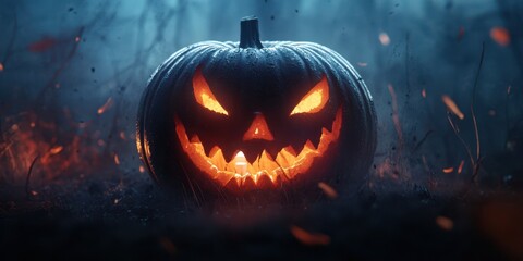 Fototapeta premium A glowing, sinister pumpkin with jagged teeth, set against a dark, misty backdrop, perfect for Halloween themes.