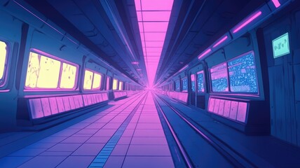 Obraz premium Futuristic Train Interior with Neon Lights and Windows