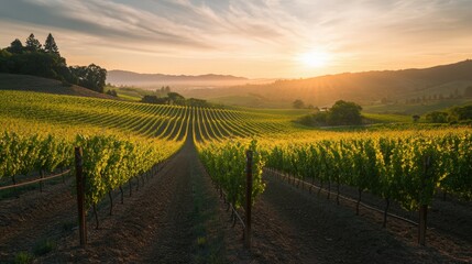 Fototapeta premium Scenic sunset over a beautiful vineyard landscape