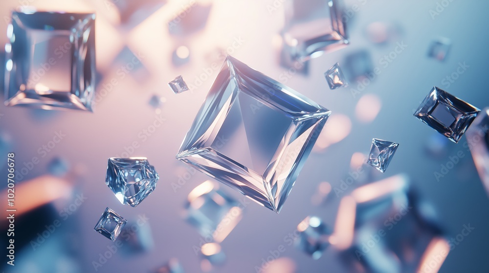Poster intricate collection of shimmering crystal shapes floating in a soft, glowing background