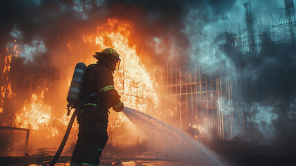 Fototapeta premium A firefighter in action extinguishing a raging fire, showcasing bravery and dedication, with flames and smoke creating a dramatic backdrop.