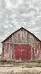 Obraz premium A rustic red barn against a cloudy sky, showcasing weathered wood and a serene rural atmosphere.
