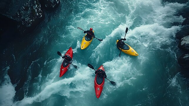 A group of kayakers skillfully navigating through turbulent white-water currents, capturing the thrill of adventure and the raw power of the river, set against a backdrop of rushing water and 