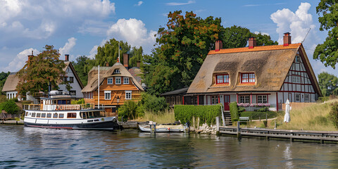 Fototapeta premium Serene Schlei River with Paddle Steamer and Thatched Homes