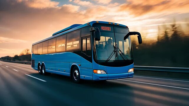 Blue City Bus Driving on Highway at Sunset

