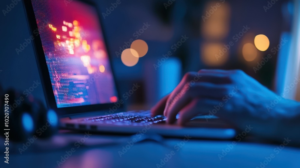 Poster hands typing on a laptop keyboard with colorful digital display