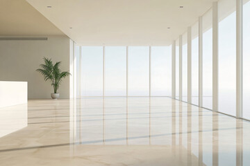 Obraz premium A bright, minimalist interior space with large floor-to-ceiling windows, marble flooring, and a potted plant in the corner 