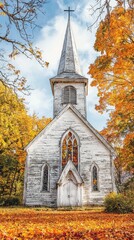 A serene autumn scene featuring a rustic church surrounded by vibrant fall foliage and a clear blue sky.