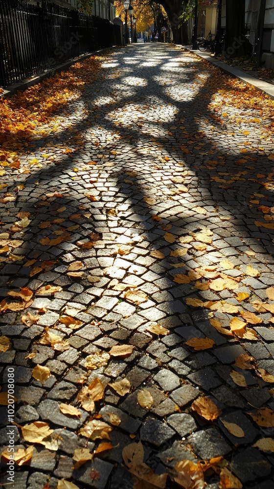 Poster a serene cobblestone path covered with autumn leaves, illuminated by soft sunlight and shaded by ove