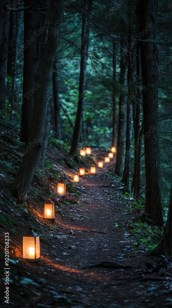 Poster a serene forest path illuminated by glowing lanterns, creating a mystical atmosphere amidst tall tre