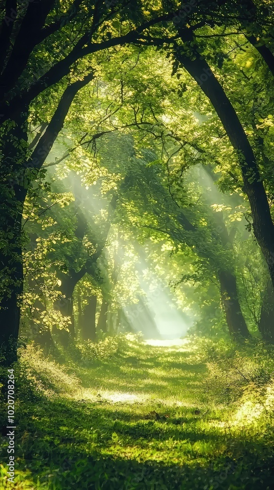 Poster a serene forest path illuminated by soft rays of sunlight, showcasing lush green trees and a tranqui