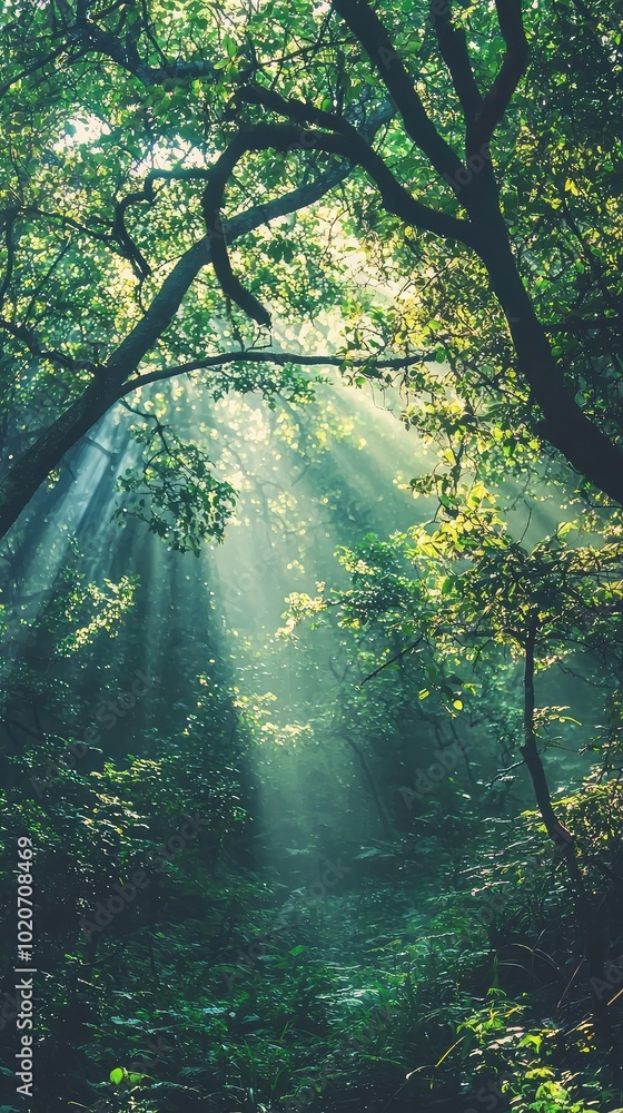 Poster a serene forest scene with sunlight filtering through the trees, creating a tranquil and peaceful at