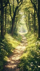 Fototapeta premium A serene forest pathway surrounded by lush trees and vibrant foliage, inviting nature lovers to explore and enjoy the tranquility.