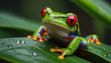 Fototapeta premium Colorful red-eyed frog perched on wet green leaves in tropical environment