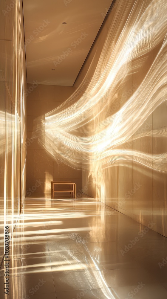 Poster A serene hallway illuminated by soft light, creating a dreamy atmosphere with ethereal swirls and warm tones.