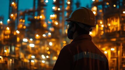 Obraz premium Worker in safety gear looks at a large industrial facility at night with glowing lights and equipment, highlighting the importance of safety in industry.