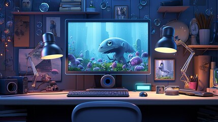 A photo of a 3D character at a workstation