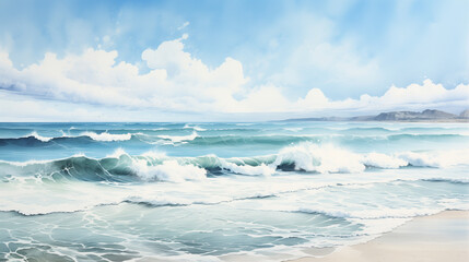 Fototapeta premium A serene ocean view captures beauty of rolling waves and clear blue sky, evoking sense of tranquility and peace.