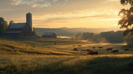 Obraz premium Rural Farm Scene with Cows Grazing in a Field at Sunset